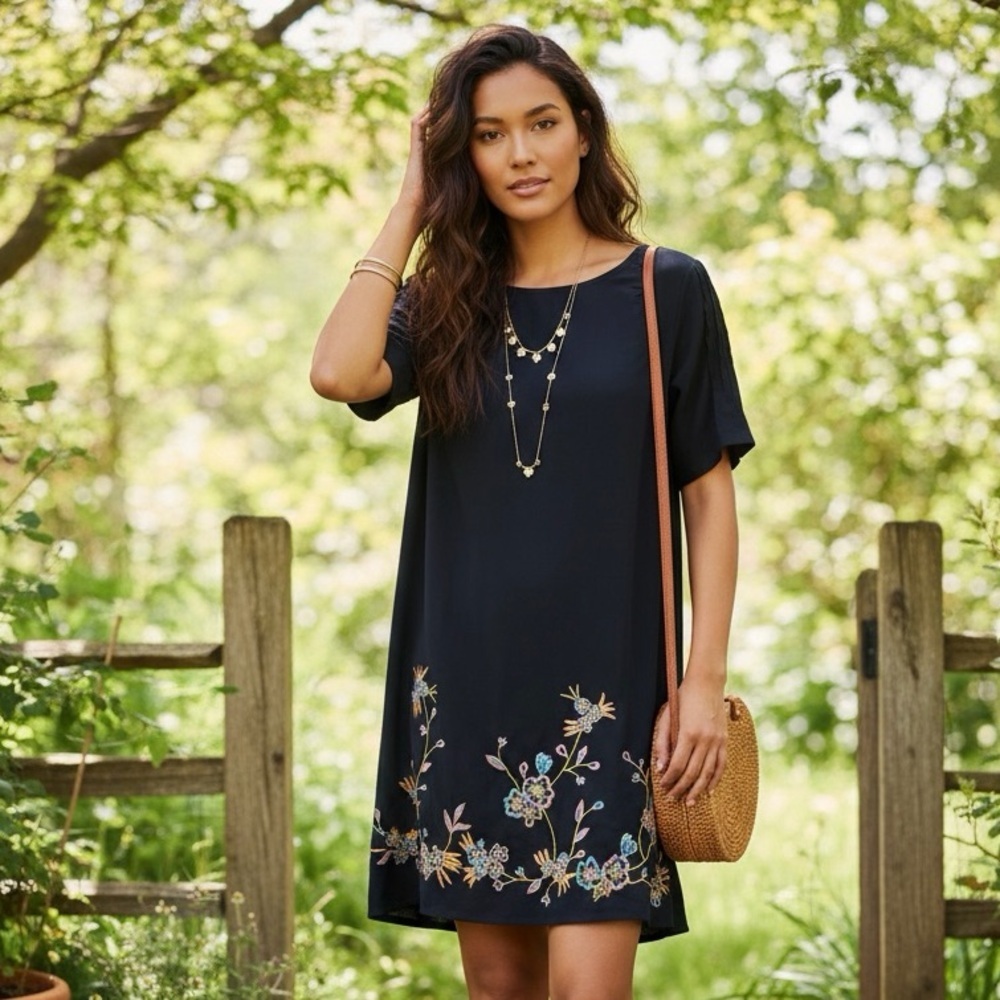 LOFT Navy Embroidered Boho Phoenix Shift Dress | Cottagecore Bird Detail
